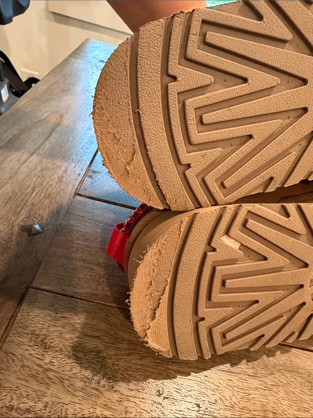 UGG Chestnut Suede Slip-On Platform Slippers with Red Trim - Picture 3 of 6